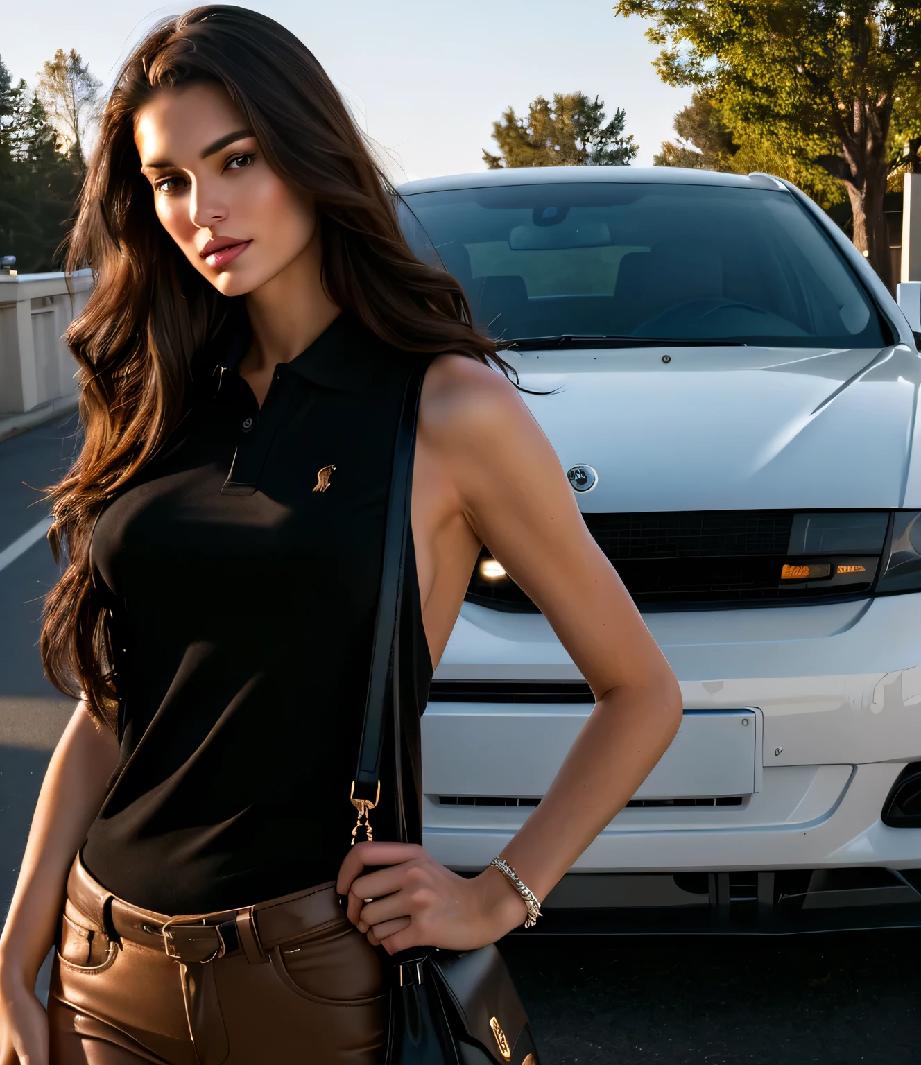 Woman standing next to a white car with a Georgia USA license plate, wearing black Polo Ralph Lauren, holding a red Michael Kors bag.

Woman, ((Masterpiece, best quality)), full body view, detailed skin, highly detailed, cinematic lighting, ultra realistic, dark brown hair, medium hair, portrait, cleavage, full body view, contrast, close-up up, cinematic light, ultra-high resolution, best shadow, RAW.

Woman with white skin and dark brown hair. She is around 40 years old, 165 cm tall and weighs 56 kg. She has a perfect mouth, a perfect face. Her body exudes glamor and her face is a definition of beauty. Slender body, thin waist. Highly realistic, hyperrealism, very elaborate skin, perfect face. Clear Photo, High Resolution, High Quality, Masterpiece, 16K Photo, High Contrast, Masterpiece, Nude, Nude, NSFW