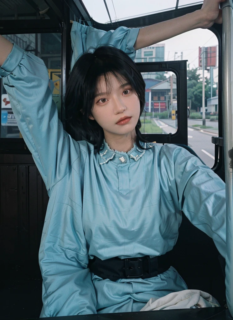 ((High quality, 8k, perfect quality, realistic)), beautiful, ((black and cyan hair color, short hair)), bedroom , selfie, staring out of the bus window, ((Indonesia)), adult, Indonesian region, ((realistic, facial texture)) Selfie photo with selfie stick, ((One person))