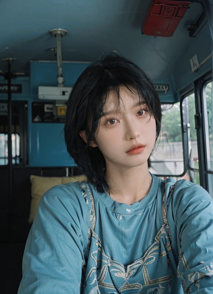 ((High quality, 8k, perfect quality, realistic)), beautiful, ((black and cyan hair color, short hair)), bedroom , selfie, staring out of the bus window, ((Indonesia)), adult, Indonesian region, ((realistic, facial texture)) Selfie photo with selfie stick, ((One person))