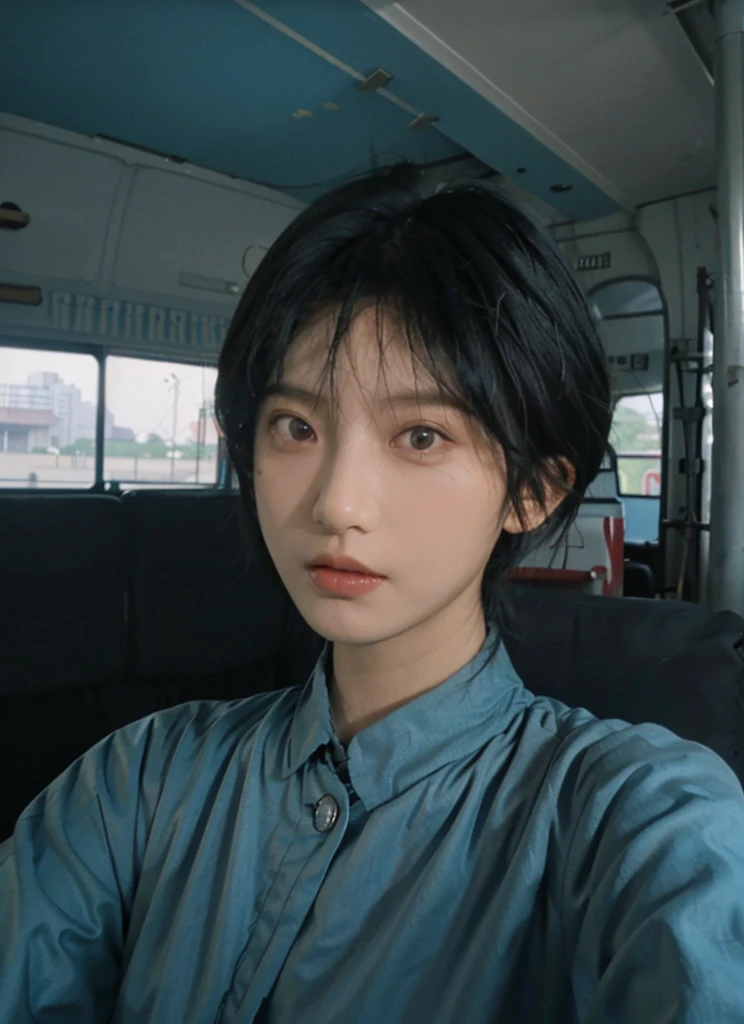 ((High quality, 8k, perfect quality, realistic)), beautiful, ((black and cyan hair color, short hair)), bedroom , selfie, staring out of the bus window, ((Indonesia)), adult, Indonesian region, ((realistic, facial texture)) Selfie photo with selfie stick, ((One person))