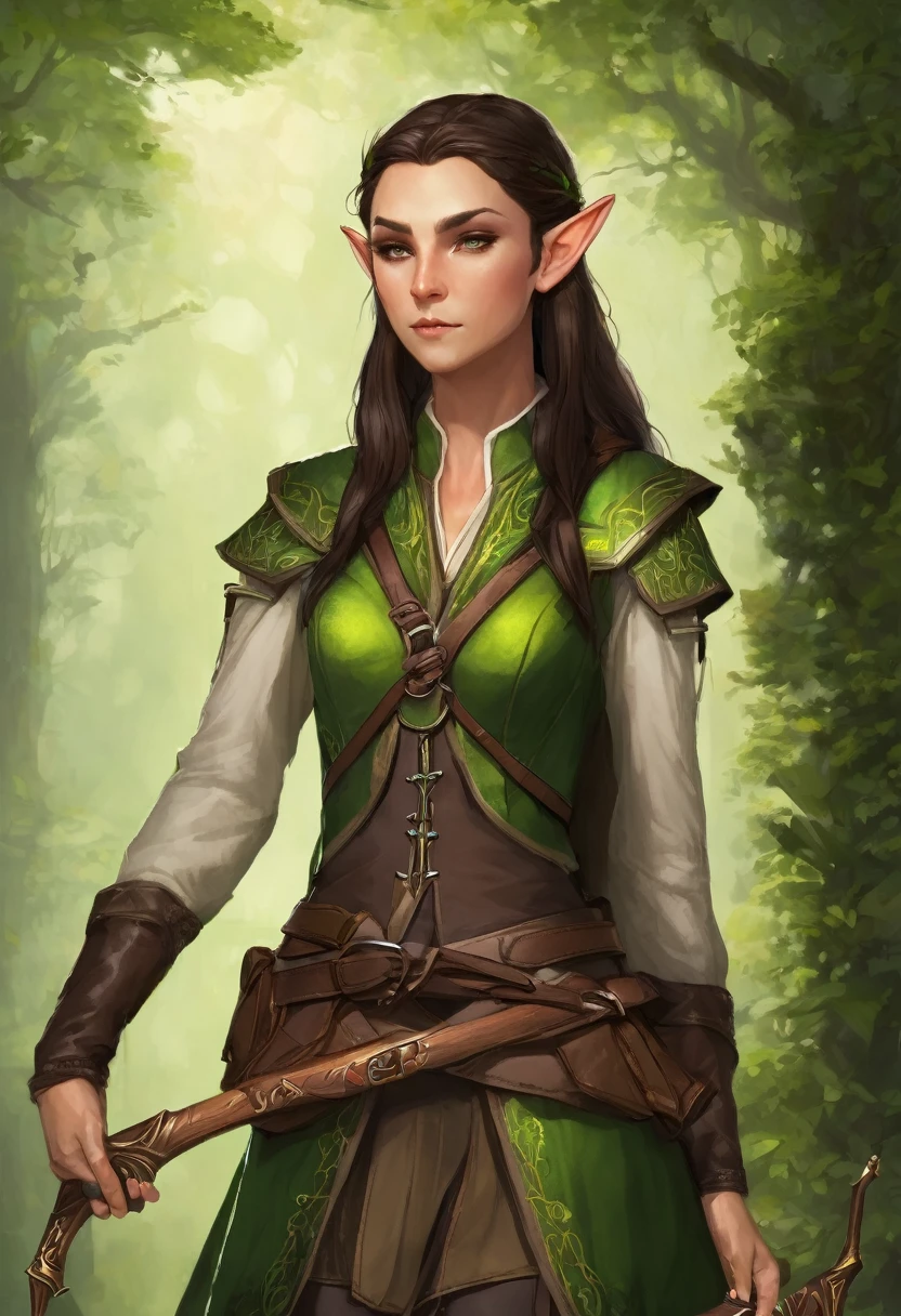 I would like to have a character who is an elf type with a green but also brown outfit and who uses a bow with her hair up and a lock falling in the front who carries a bow with arrows on her back and who is a woman 