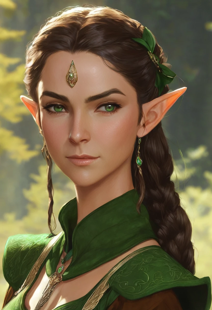 I would like to have a character who is an elf type with a green but also brown outfit and who uses a bow with her hair up and a lock falling in the front who carries a bow with arrows on her back and who is a woman
