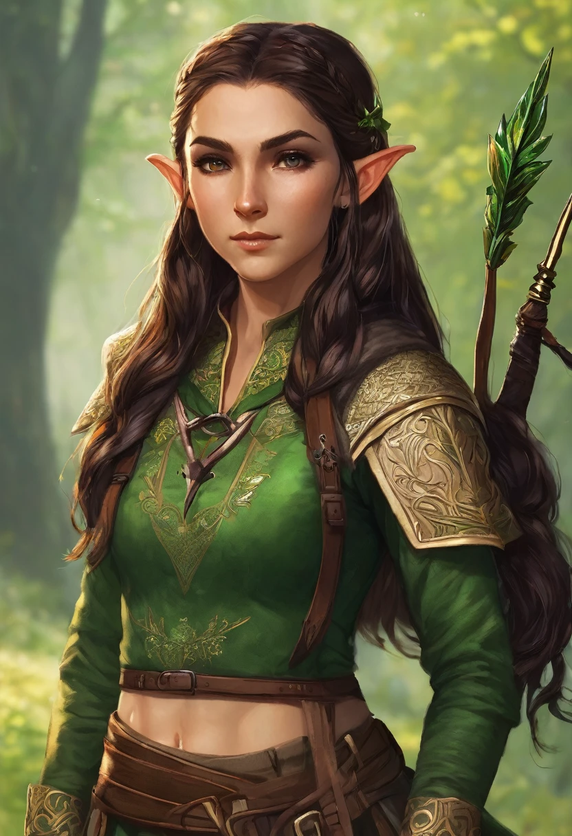 I would like to have a character who is an elf type with a green but also brown outfit and who uses a bow with her hair up and a lock falling in the front who carries a bow with arrows on her back and who is a woman