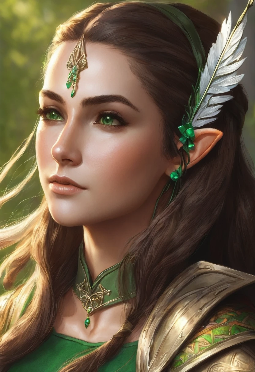 I would like to have a character who is an elf type with a green but also brown outfit and who uses a bow with her hair up and a lock falling in the front who carries a bow with arrows on her back and who is a woman