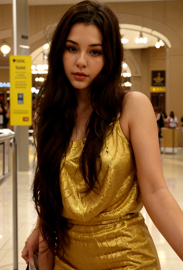 beautiful brunette woman taking realistic selfie in a shopping mall, realistic background, sin blur, high quality