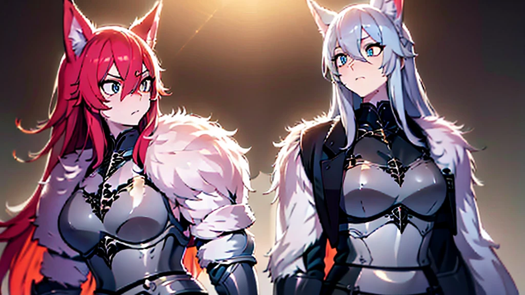 A battlefield, two women facing each other,  a redhead wearing dark armor, the other with sky blue hair and eyes wearing armor of light, their legendary swords thrust diagonally, (anger/Will), wearing mystical armor, one with an aura of light, the other with a dark aura, white and black flames all around, best qualityer, masterprice, raytracing, face detailed, 8 k wallpaper, (high resolution), breasts big, open armor, animal ears, bangss, fox ears, fox tail,