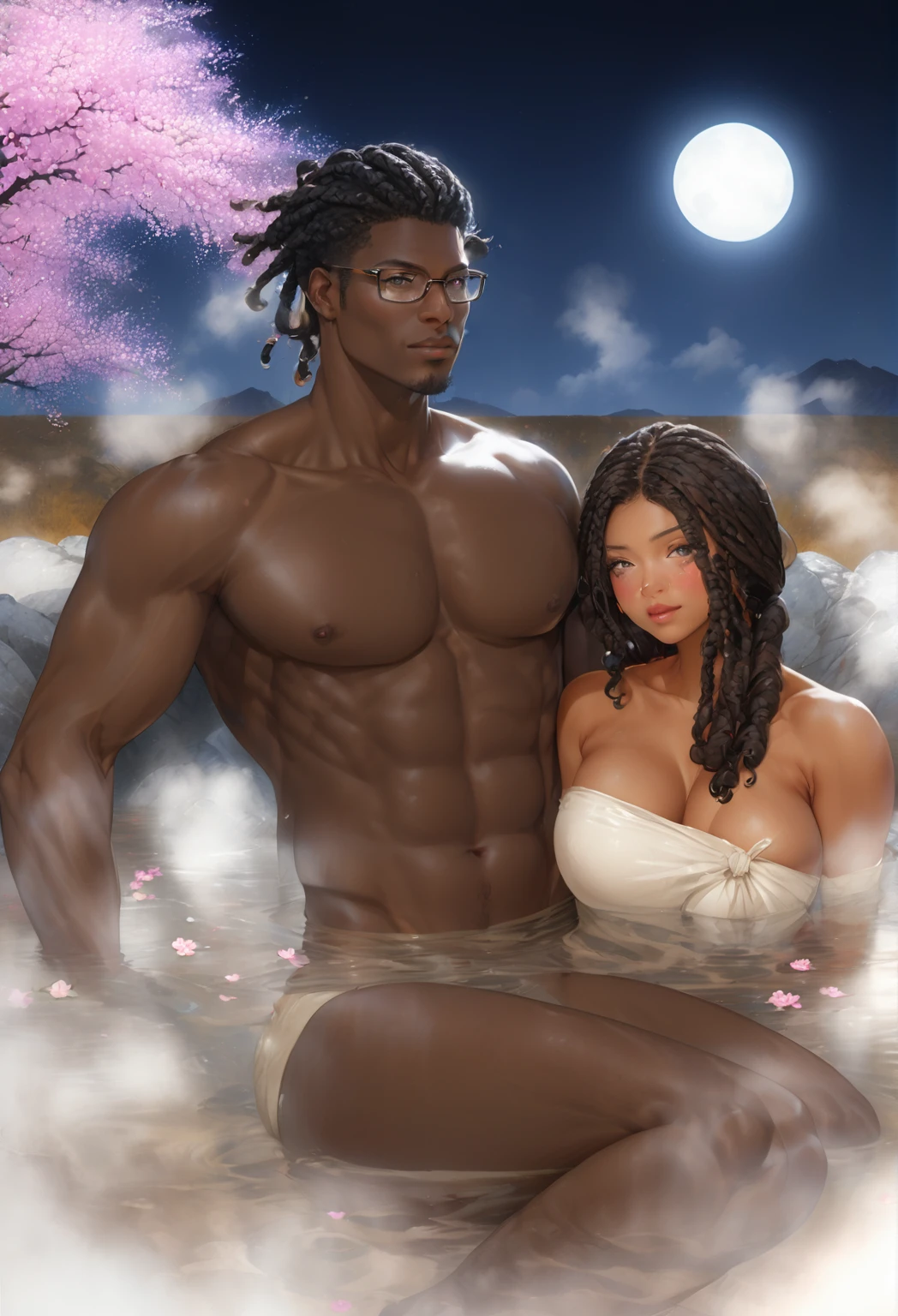 ((1boy, 1girl,))) ((((( verydarkskin couple))))), ((detailed African-American features)),
, (very darkskin man, tall, rugged square face, long dreads, almond-shaped chocolate eyes, bulky, muscular triangle physique, strong pectoral, strong legs, toned torso), And (darkskin woman, short, voluptuous, curvy, strong, sensuously cool, braided black hair, soft heart-shaped face, concaved nubian button nose, heart-shaped physique, heart hips, glasses, heterochromia wine and brown eyes), **
((amazing skin, perfect hands, perfect, perfect eyes, enamored couple, flirty couple, passionate sensuality)), ((detailed cherry blossom onsen background)), (((wet couple, translucent towels. waist deep in water, full body, couple focused, face to face))),
sensual lighting, brilliant shading, sensual shadowing, sensuous atmosphere, intricate fabric details, (4k, ray tracing, masterpiece, detailed smooth textures, sharp gradients, deep highlights, best quality, amazing quality, very aesthetic, absurdres, highly-detailed, 2.5d ,cel-shaded),AddXL,((Anime illustration)) ((Incarnate detail)) ((Masterpiece)) ((Highest quality)),black people,