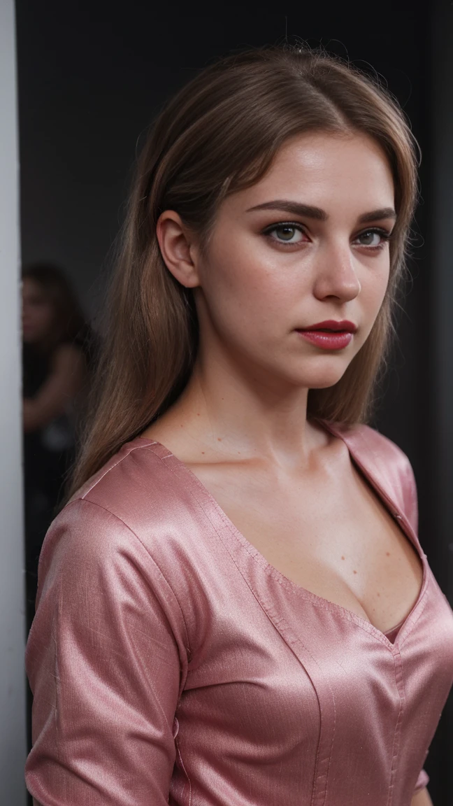 Blond brown hair, (RAW photo), (realism: 1.8), (gloss red lipstick, many eyelashes, dark eye shadow, shy, blushing, high quality, high resolution, depth of collage compound field, chromatic aberration, caustic, wide light, dark pink glossy skin, (21 year old woman), stylish girl, pink night drees, skin tight cloths, lots of exposure, posing for photo, visible 8k resolutions,