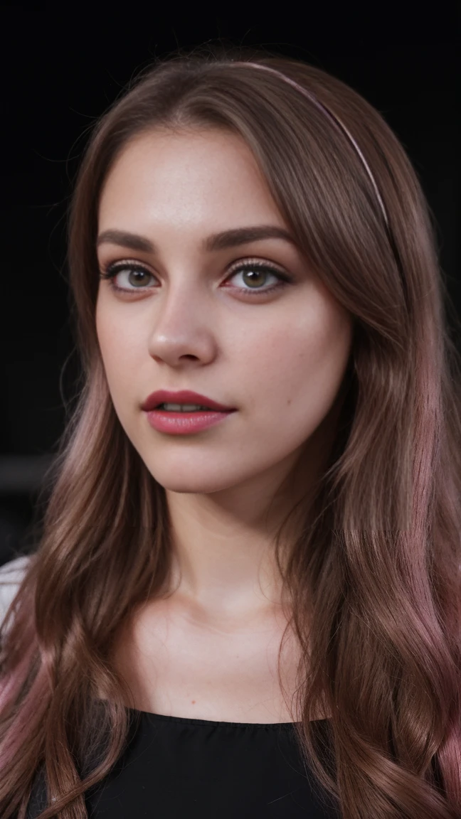 Blond brown hair, (RAW photo), (realism: 1.8), (gloss red lipstick, many eyelashes, dark eye shadow, shy, blushing, high quality, high resolution, depth of collage compound field, chromatic aberration, caustic, wide light, dark pink glossy skin, (21 year old woman), stylish girl, pink night drees, skin tight cloths, lots of exposure, posing for photo, visible 8k resolutions,
