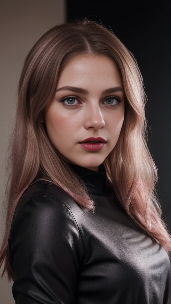 Blond brown hair, (RAW photo), (realism: 1.8), (gloss red lipstick, many eyelashes, dark eye shadow, shy, blushing, high quality, high resolution, depth of collage compound field, chromatic aberration, caustic, wide light, dark pink glossy skin, (21 year old woman), stylish girl, pink night drees, skin tight cloths, lots of exposure, posing for photo, visible 8k resolutions,