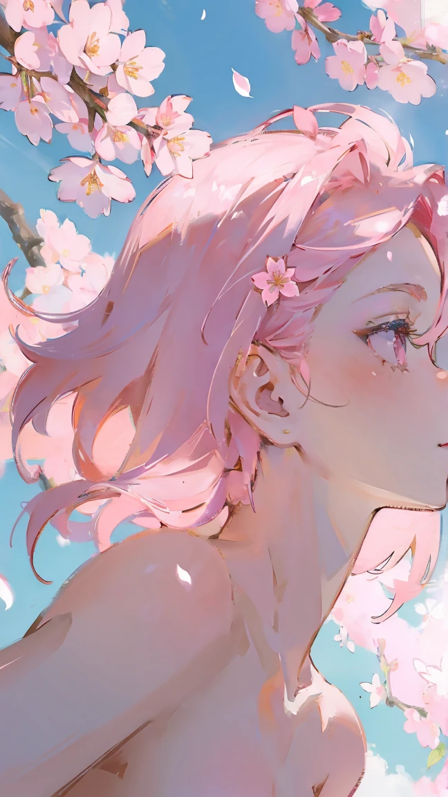 closeup of goddess of cherry tree, sakura, pink eyes, long pink hair, (naked), pink petals flying in he wind, sunshine