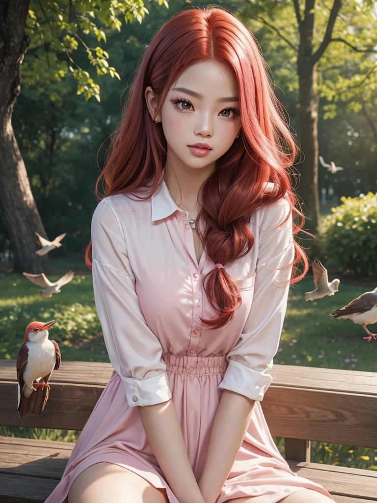 glowing skin, lips, sacimaer detailed skin, Beautiful face and detailed pink eyes, Spotlight, professional lighting, 1 girl, Alone, long and red hair, wearing a cute outfit, natural pose, lips, indoor, realistic, I want the whole image be created, face and body of blackpink's Jennie kim with red hair and in four places with different poses doing random things doing cute things, feeding birds in the park