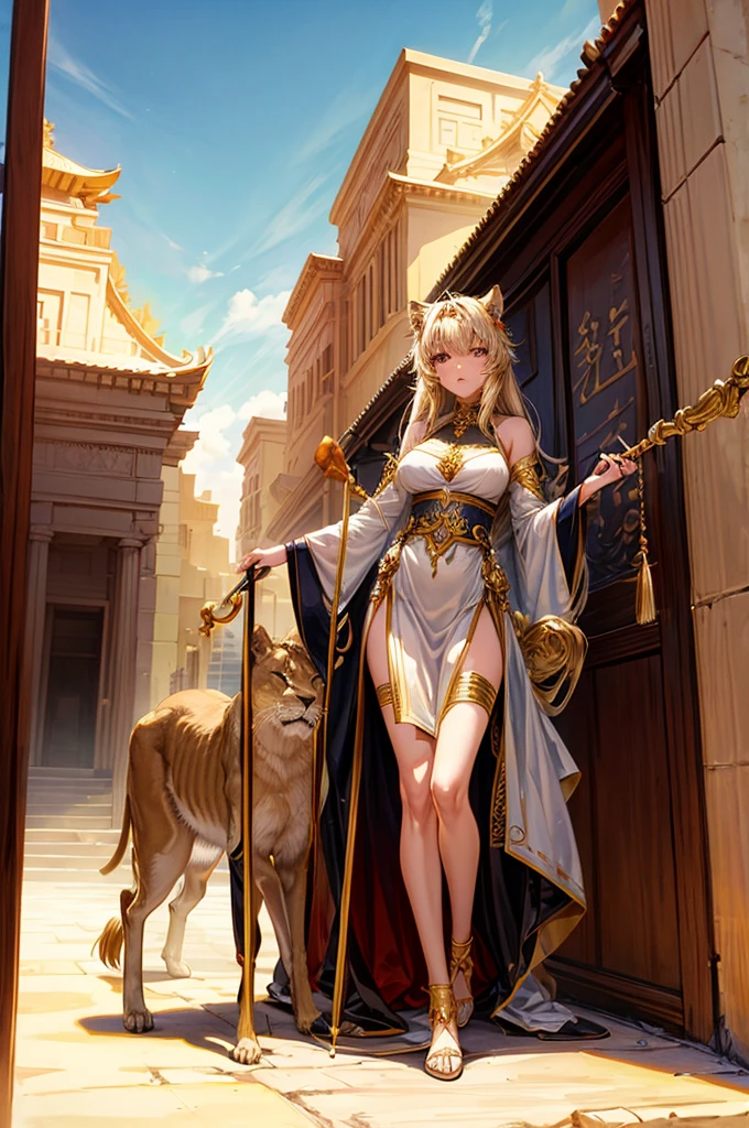 A lioness neko girl, holding a staff, she is Infront of a temple in the desert, she is a goddess, she is canter image, the temple is in the middle of the desert, detailed face, make the image good for a book cover, holy, godly, divine