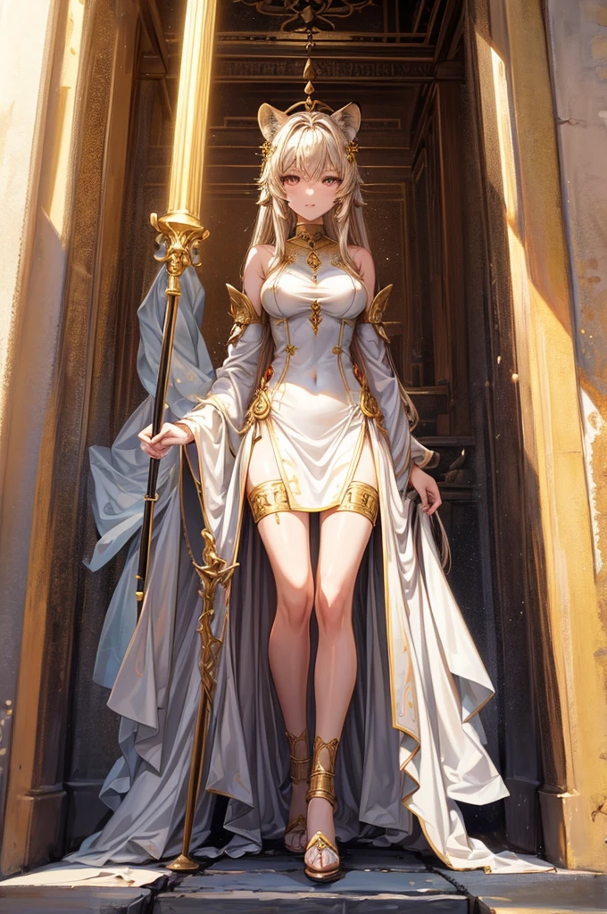A lioness neko girl, holding a staff, she is Infront of a temple in the desert, she is a goddess, she is canter image, the temple is in the middle of the desert, detailed face, make the image good for a book cover, holy, godly, divine