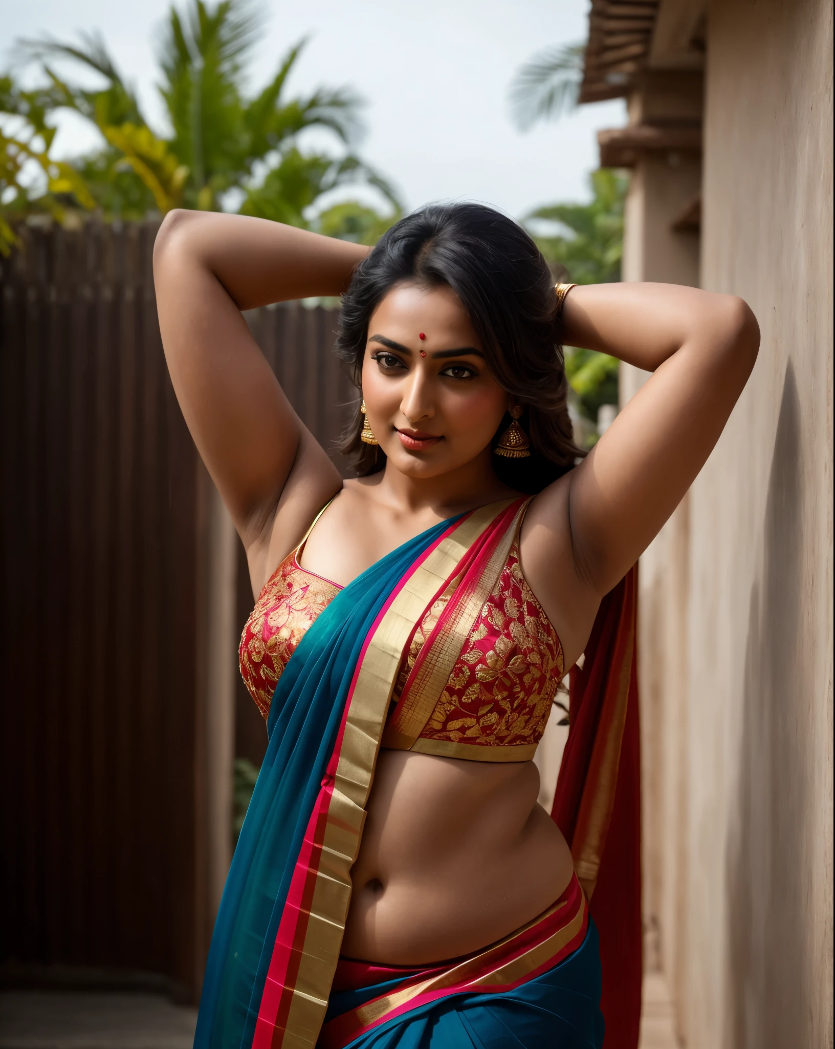 Foto RAW, photorealistic, photography, full body shot, master shot, perfect eyes, goddess like beauty, pierced eyes, perfect thick chubby mallu Desi aunty bhabhi, Wearing a Stanapatta, a chest-band.Saree model, model Photography, Indian saree shoot, Indian traditional wear advertising photography, traditional wear brand shoot, face of Indian actress Sonakshi Sinha, masterpiece, realistic, realism, incredible details, pleasure, photorealism, detailed skin, skin pores, high contrast, photorealistic Artstation 8k HD digital art trend of high definition and detailed realistic skin texture, ultra detail, realistic skin texture, armature, best quality, ultra high definition, (photorealistic:1.4),, high resolution, detail, raw photo, sweat, Re sharp, by Lee Jefferies Nikon D850 Film Stock Photo 4 Kodak Portra 400 Camera F1.6 Lens Rich Color Ultra Real Realistic Realistic Textures Dramatic Lighting Unreal Engine Trending at Art Station Cinestill 800,(pele altamente detalhada: 1.2), 8k UHD, DSLR, soft-lighting, alta qualidade, grain of film, Fujifilm XT3,she didn't like to wear blouse or bra, she is happy to wear only saree, she hates blouse or bra, detailed hairy armpits, hyper realistic skin, skin pores, sweat, veins,
