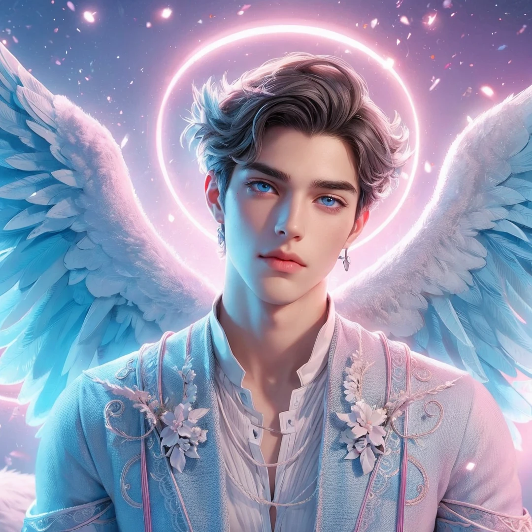 Handsome boy, gray hair, blue eyes, blue and pink wings