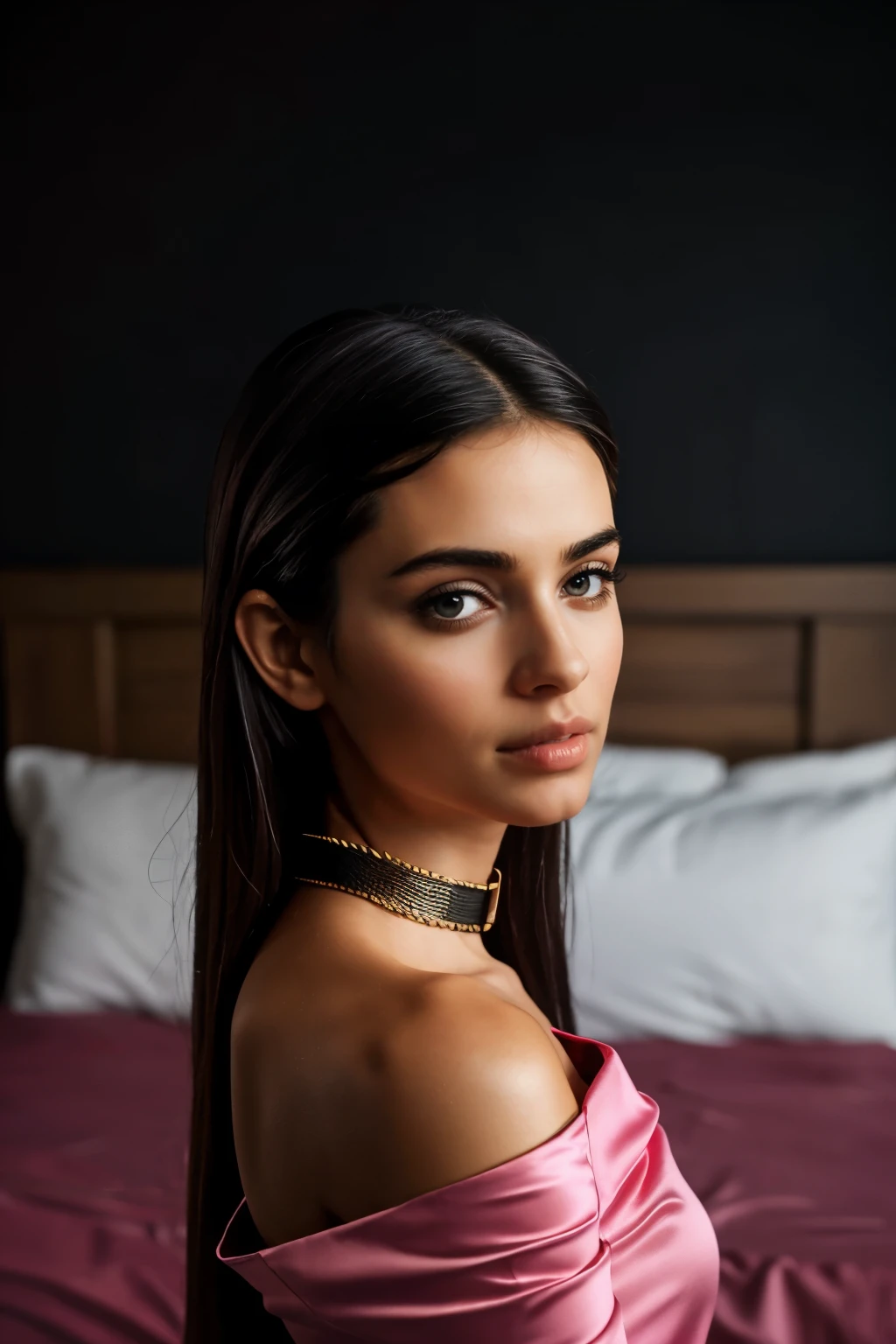 In this photograph, an Indian Instagram female model in her mid-20s takes center stage. , (highly detailed face:1.4) (smile:0.7) ((backround top view of a bed)), moody, private study:1.OV, by lee jeffries, nikon d850, film stock photograph ,4 kodak portra 400 ,camera f1.6 lens ,rich colors ,hyper realistic ,lifelike texture, dramatic lighting , cinestill 800, realistic, ((wearing pink and black combination dobby weave self design fit & flare dress))Sweetheart neck Short, puff sleeve Tie-up detail on back Above knee length in flounce hem Attached Lining Chiffon fabric, actress, karla ortiz, posing!!, candid picture, by Max Dauthendey,Completing the aesthetic, the model wears a slave collar with a chain around her neck. The photograph is meticulously captured in 8K resolution using cutting-edge techniques such as Cinema 4D and Octane Render, resulting in a highly detailed and photorealistic image. Studio lighting, HDR, and a smoky mist create a captivating ambiance, while the bokeh effect adds an artistic touch.