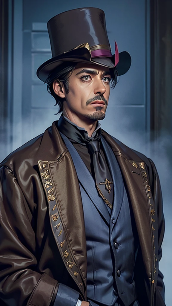 A close-up of a man in a suit and tie posing for a photo, Robert Downey Jr., Sherlock Holmes, Handsome man, cr3, portrait of Sherlock Holmes, Victorian clothing, velvet frock coat, wearing a brown coat, wearing Victorian clothes, haunting, he's wearing an overcoat, with Victorian clothes, wearing a fancy jacket