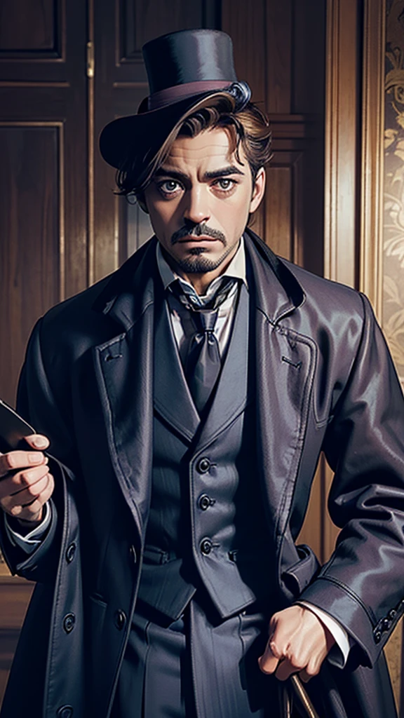 A close-up of a man in a suit and tie posing for a photo, Robert Downey Jr., Sherlock Holmes, Handsome man, cr3, portrait of Sherlock Holmes, Victorian clothing, velvet frock coat, wearing a brown coat, wearing Victorian clothes, haunting, he's wearing an overcoat, with Victorian clothes, wearing a fancy jacket