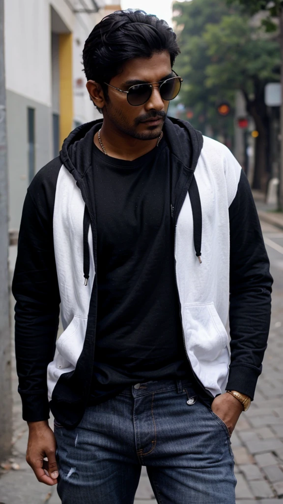 Hot Indian guy wearing a black hoodie, jeans and sunglasses 