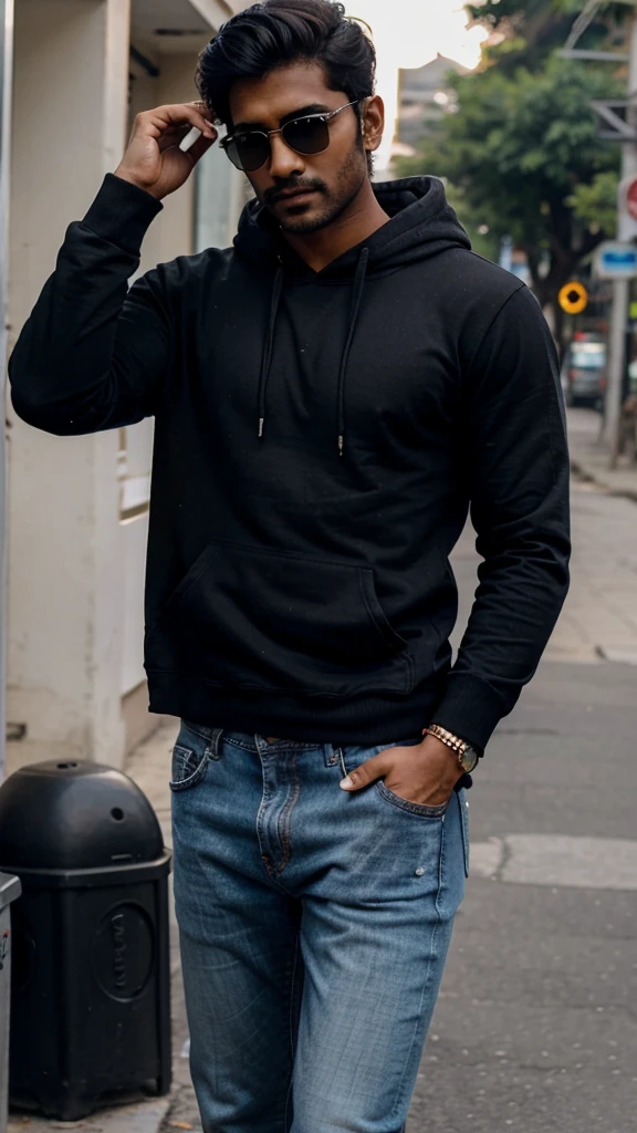 Hot Indian guy wearing a black hoodie, jeans and sunglasses 