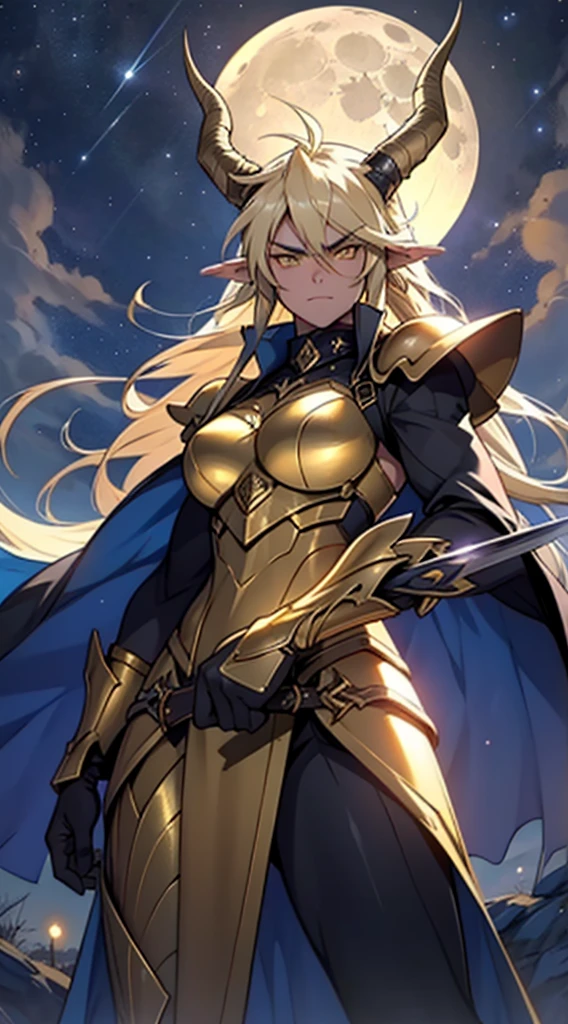 1girl,20s,beautiful girl,horns,long hair,cathyl hair,light blonde hair,gold armor,holding a golden sword,yellow eyes,,Ray Light Glow Lens Flare,((night,night sky,full moon)),serious,battle pose