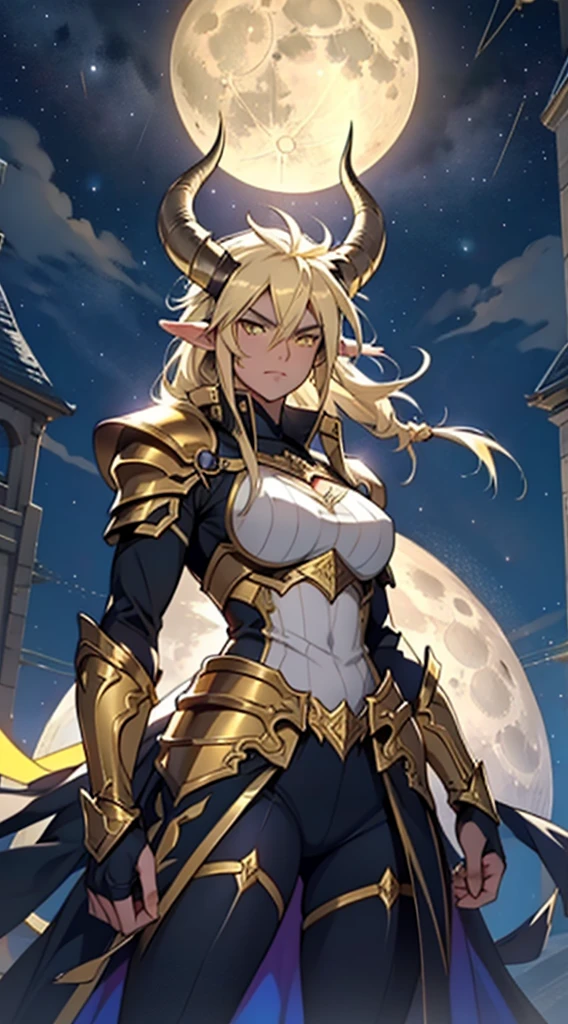1girl,20s,beautiful girl,horns,long hair,cathyl hair,light blonde hair,gold armor,holding a golden sword,yellow eyes,,Ray Light Glow Lens Flare,((night,night sky,full moon)),serious,battle pose