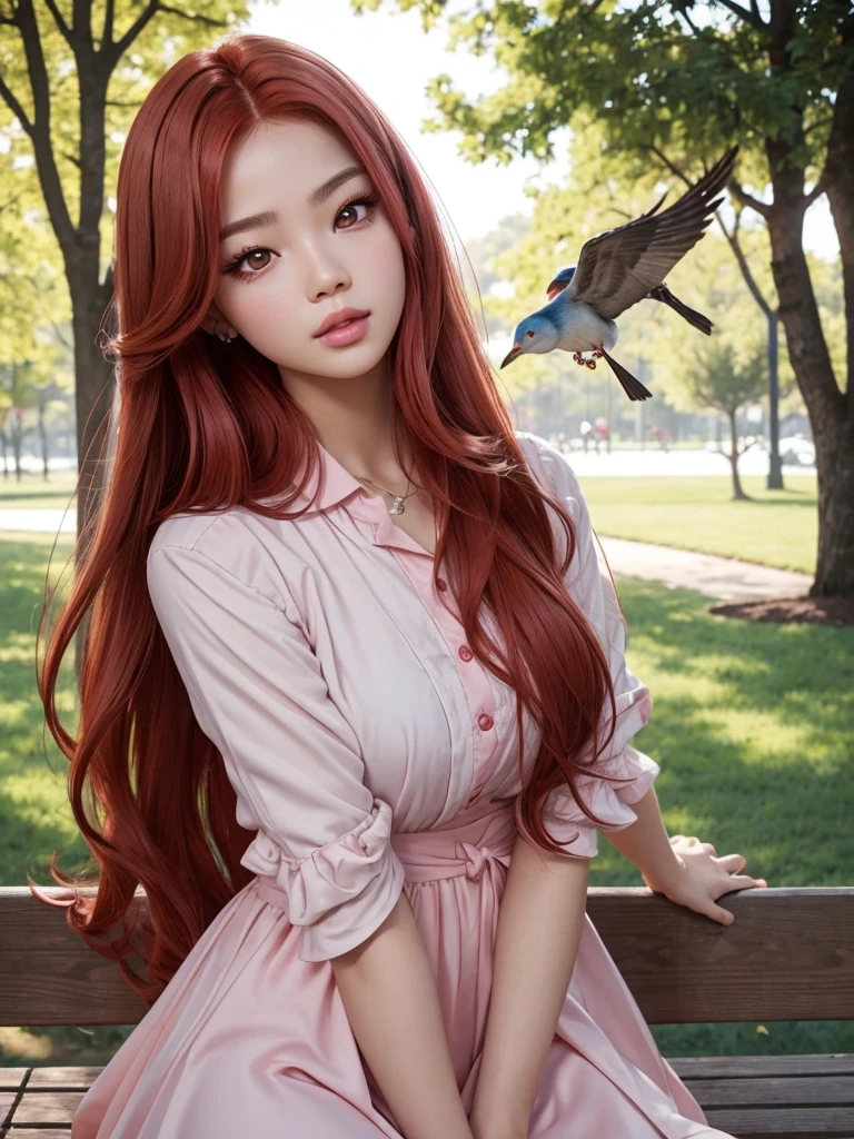 glowing skin, lips, sacimaer detailed skin, Beautiful face and detailed pink eyes, Spotlight, professional lighting, 1 girl, Alone, long and red hair, wearing a cute outfit, natural pose, lips, indoor, realistic, I want the whole image be created, face and body of blackpink's Jennie kim with red hair and in four places with different poses doing random things doing cute things, feeding birds in the park