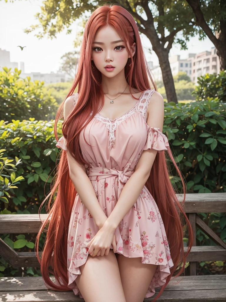 glowing skin, lips, sacimaer detailed skin, Beautiful face and detailed pink eyes, Spotlight, professional lighting, 1 girl, Alone, long and red hair, wearing a cute outfit, natural pose, lips, indoor, realistic, I want the whole image be created, face and body of blackpink's Jennie kim with red hair and in four places with different poses doing random things doing cute things, feeding birds in the park 