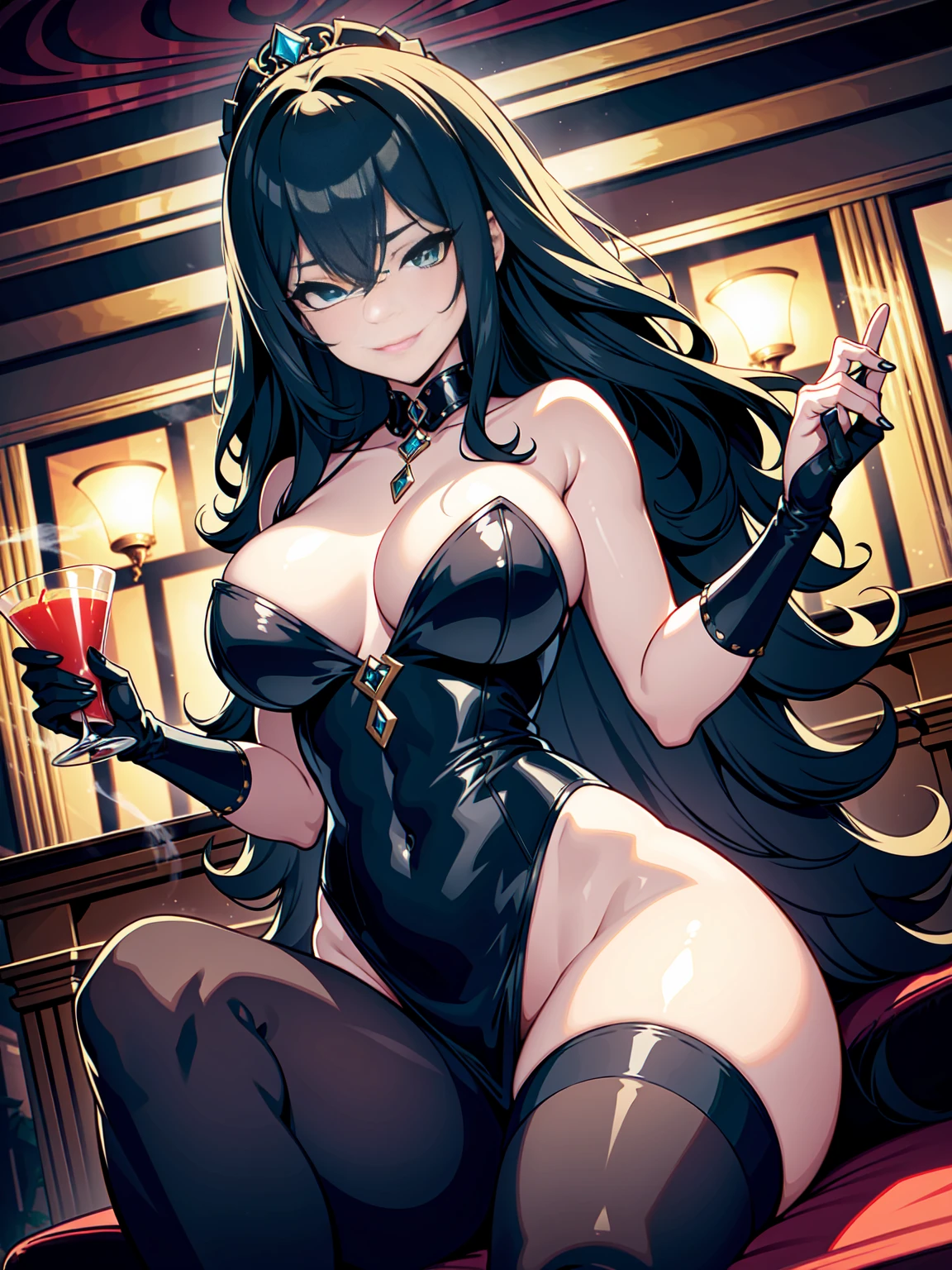 A low-lit, smoky nightclub scene: the femme fatale, Maria La Rosa, sits poised on a velvet throne, her raven hair cascading down her porcelain skin like a waterfall of night. Her piercing green eyes seem to hypnotize the room as she sips a crimson cocktail, her full lips curled into a sly smile. The air is thick with tension and deceit as she toys with the loyalty of those around her, her very presence exuding an aura of danger and seduction., nsfw, masterpiece, (slyly looks:1.1), (Cruel grinning eyes:1.1), perfect anatomy, ideal facial features, ideally proportioned figure, perfectly beautiful body, incredibly absurd res, absolutely resolution,16k wallpaper, indoors, Chairman's Office, There's a lot of money on the fancy desk, looking down at us, Dutch angle, (from diagonally below),