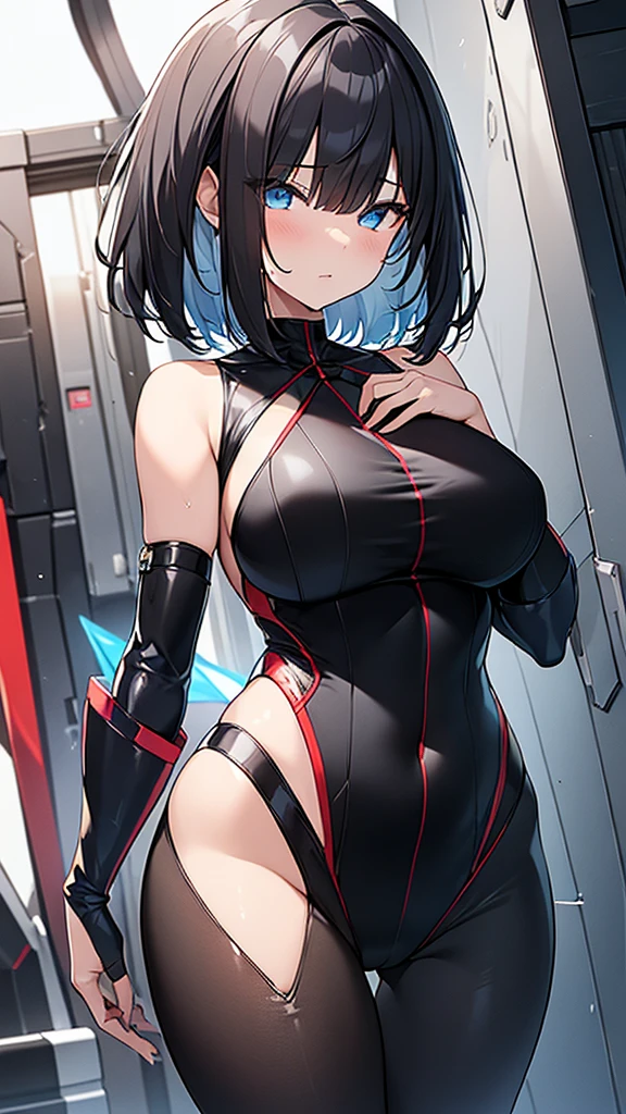 (Highly detailed CG Unity 32k wallpaper,masterpiece, Biological, whole body),(Best lighting, Best Shadow, Very delicate and beautiful),(One girl),blue eyes, Big Breasts,バウンドする胸, Black Hair,Bobcut,Red and black and White off-the-shoulder revealing high-cut SF bodysuit,One-piece swimsuit-style clothing,Clothes that emphasize the chest,Neck Seal,High-tech sci-fi corridor, Dynamic pose, Detailed Machinery, Sleek design.,My crotch is wet, {{An extraterrestrial lifeform preys on girls and takes their place、Her breasts are bigger than a real girl's、Suitable for the mother}}, Unknown sensation, Feels good, Vigorous movement, more, instinct, Female fall, Bouncing chest, loose, loose, Next to a real girl skeleton, NSFW
