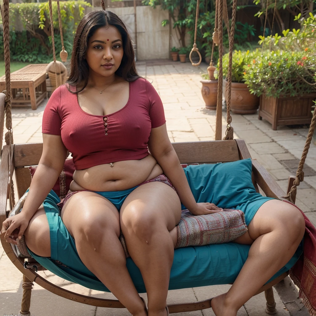 Sexy Indian aunty bangali actress monalisa sitting on swing, fatty thighs, fatty body chubby body type big fat body, bbw women, wearing red panty,blue long skirt ,pink top,bbw,,big size body, spreding legs,