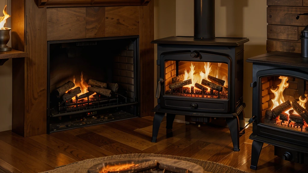 digital art, wood chairs, stove with fire,