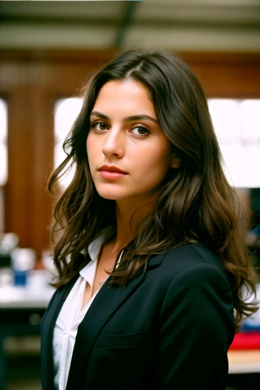 photograph of a woman, (serious facial expression), brunette skin, long curly dark brown hair, vestimentas: Black Suit, and mysterious professional, in a workroom whose color and white eyes perfect 160 color support, Shot on ARRI ALEXA 65, bokeh, sharp focus on the subject, filmed by Don McCullin