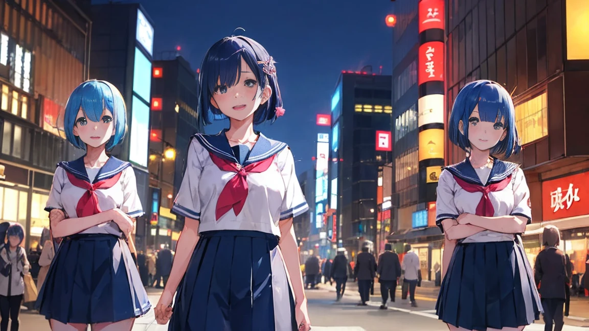 5 girls, Photo of beautiful Japanese idols in Shibuya. blue hair, Againm \(Again:zero\), [smile], blush, city,, masterpiece, highest quality, perfect lighting, 1 girl, skirt, medium bAgainasts,，sailor suit，bob cut，bob hair，hair above one eye、hair accessories、