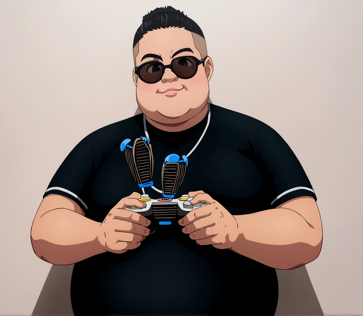 Dark-skinned man with black jacket and sunglasses, standing on the wall, undercut haircut, Bblack hair, holding a controller, kind of fat, anime 8K foda, anime wallpaper 4k, 4K anime-style, 8K anime art wallpaper