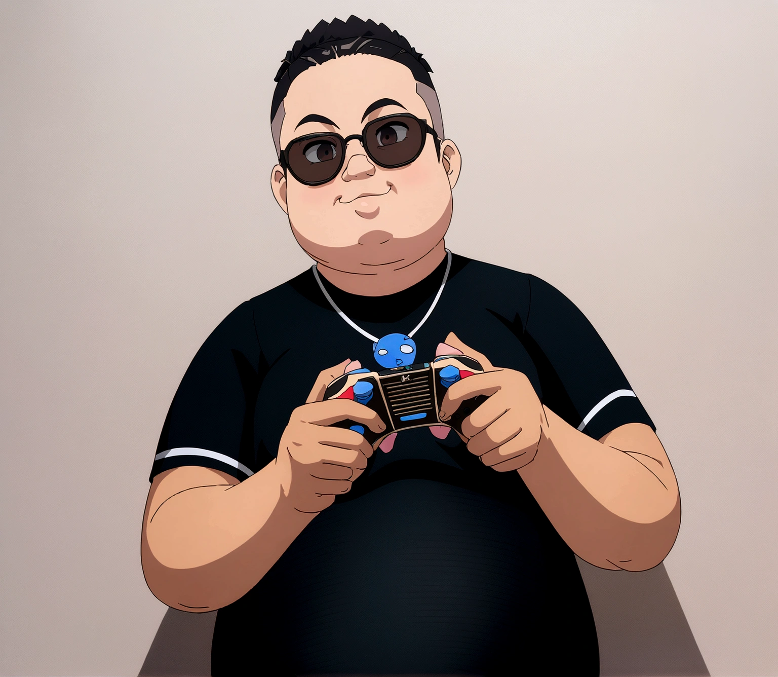 Dark-skinned man with black jacket and sunglasses, standing on the wall, undercut haircut, Bblack hair, holding a controller, kind of fat, anime 8K foda, anime wallpaper 4k, 4K anime-style, 8K anime art wallpaper