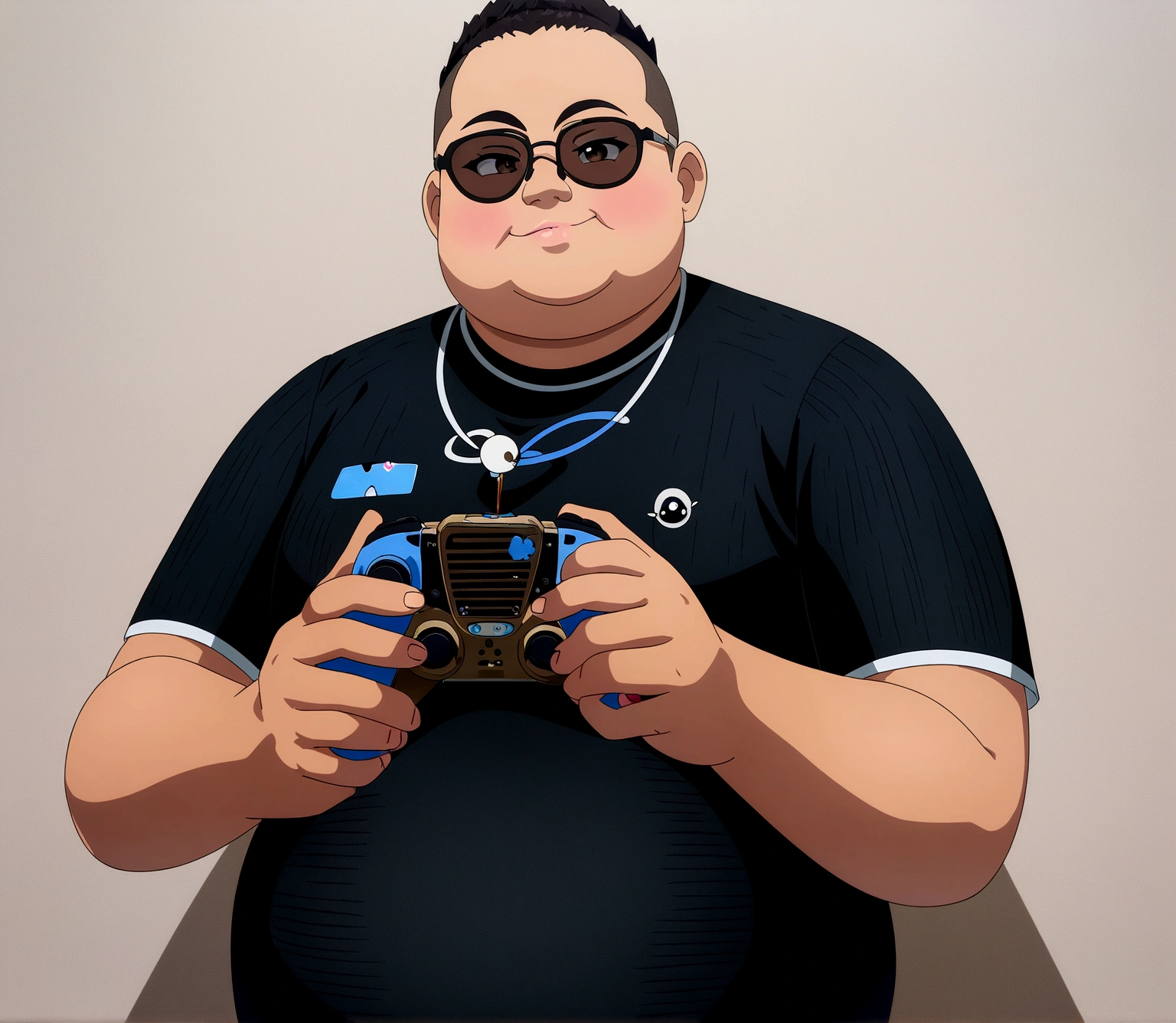 Dark-skinned man with black jacket and sunglasses, standing on the wall, undercut haircut, Bblack hair, holding a controller, kind of fat, anime 8K foda, anime wallpaper 4k, 4K anime-style, 8K anime art wallpaper