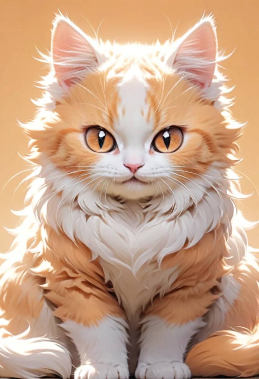 In the style of TOK, highest quality, cute cat, cartoon cat, Munchkin cat, white and orange cat, looking at the viewer, smiling, simple background