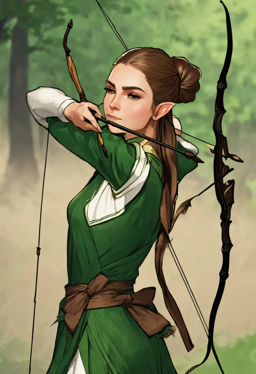 I would like to have a character who is an elf type with a green but brown outfit and who uses a bow with her hair tied up in a bun and a lock of hair falling in the front who carries a bow with arrows on her back and who is a woman