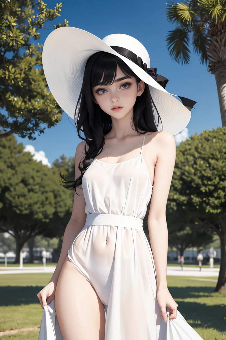 (best quality, masterpiece, perfect face) black hair, 18 years old pale girl, big , white sundress, big white hat