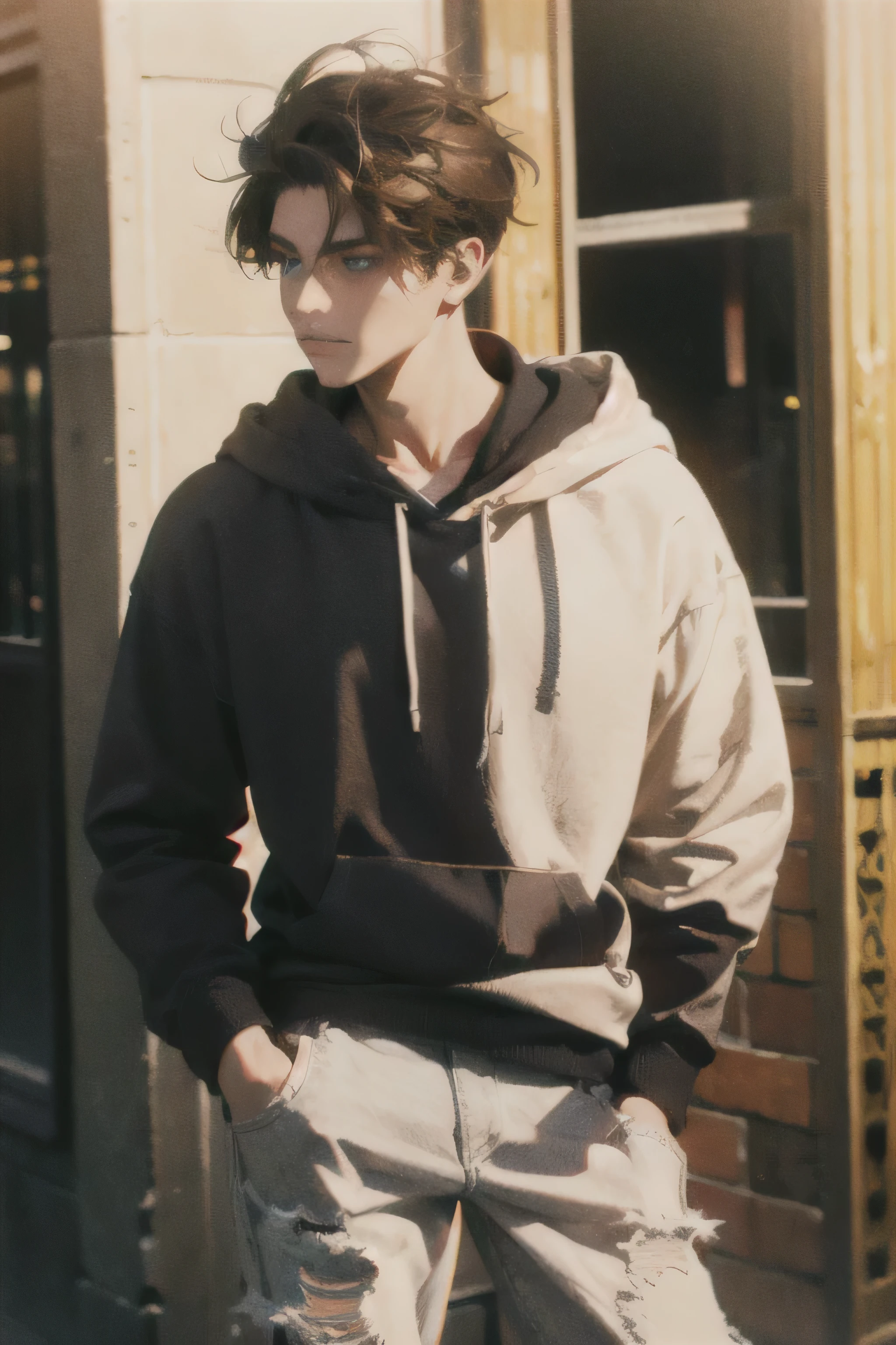 Chiseled features, blue eyes, brown hair, thin, masculine, feminine clothes, 1 male, teenager, hoodie, ripped jeans