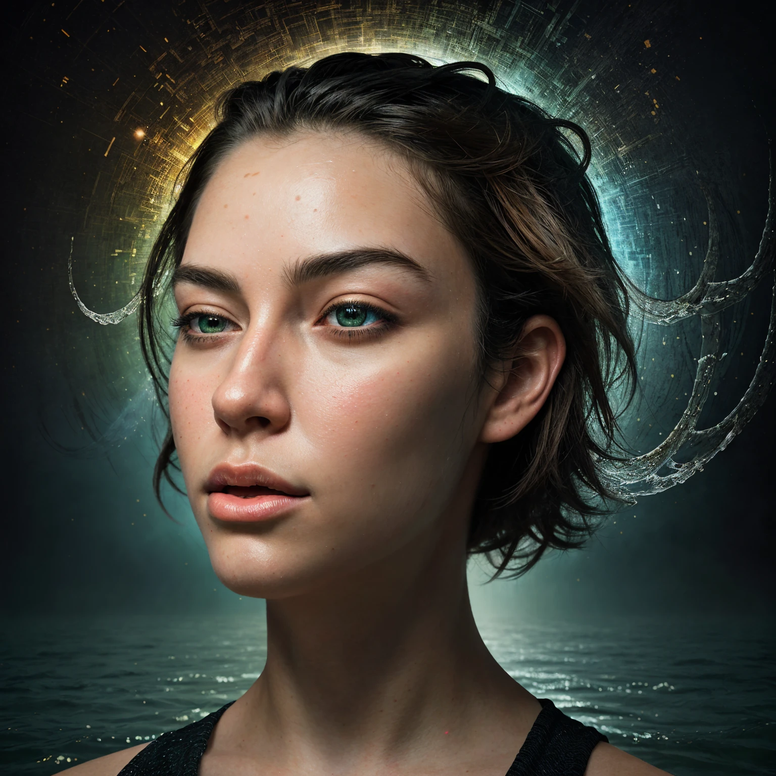 Create an impressive digital work of art, conveying the huge inner world of the artist where beautiful streams of consciousness burst out of his head
