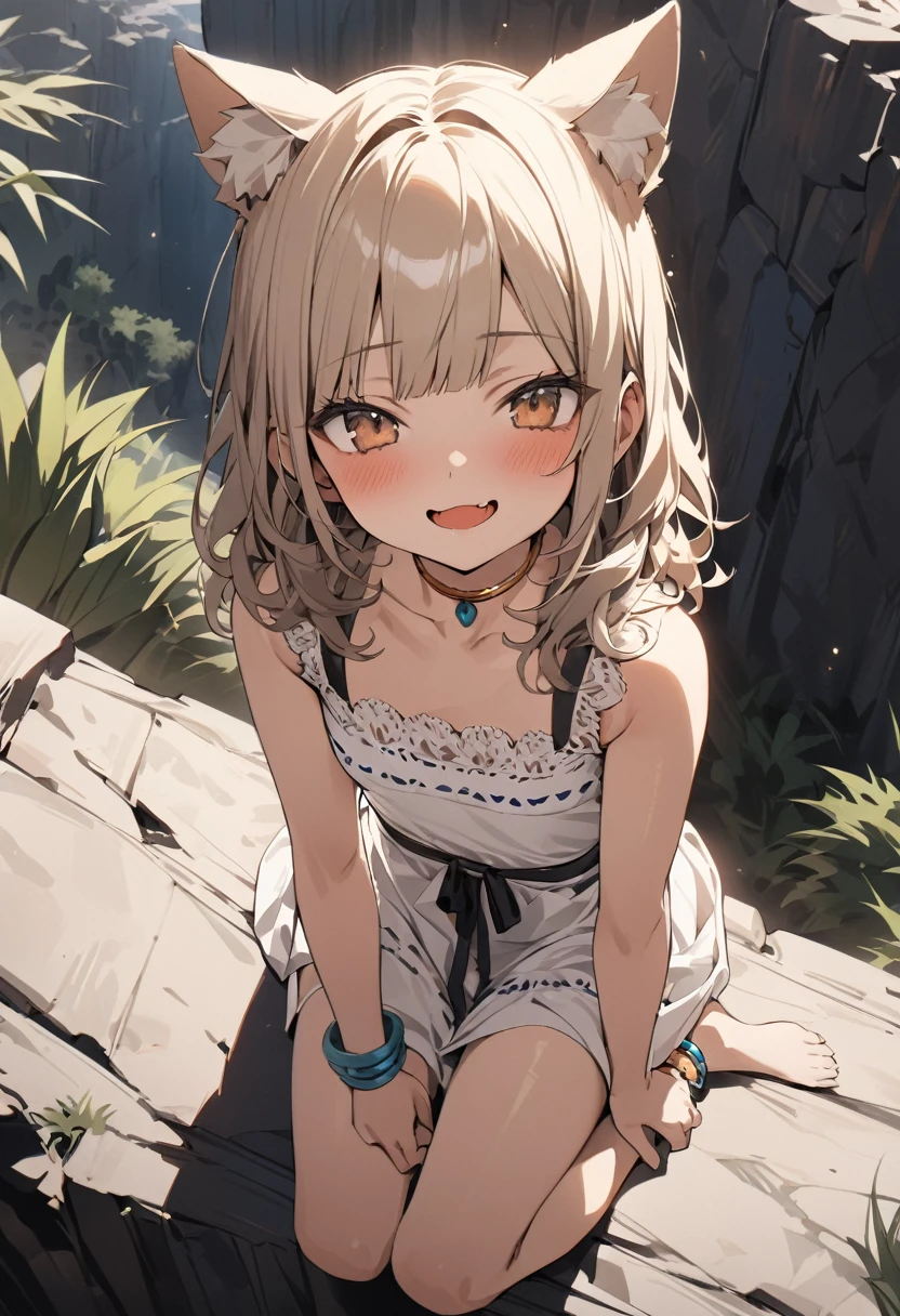 ((Masterpiece)), ((best quality)), (Anime:1.3), (super detail:1.2), (High Definition:1.3), (Professional Photography:1.3), (wide shot), (very aesthetic:1.2), (absurdres:1.2), (sharp focus), (perfect light), ((12 years old)), Textured skin, cinematic lighting, from above, Textured skin, Cute teenage young Girl, small breast, open mouth, ((trival anklets)), loose blunt bangs, (messy medium hair), blush and smug, cute makeup, ((wearing Mexican Folk dress)), bare foot, (Healthy body), slender body, (put on cat ears), pale brown hair, BREAK, ((best quality)), (very aesthetic:1.2), (absurdres:1.2), ((summer day)), loose sitting on the cliff tip, (Landscape below the wilderness with cacti),