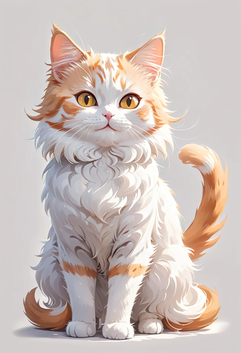 In the style of TOK, highest quality, cute cat, cartoon cat, Munchkin cat, white and orange cat, looking at the viewer, smiling, simple background