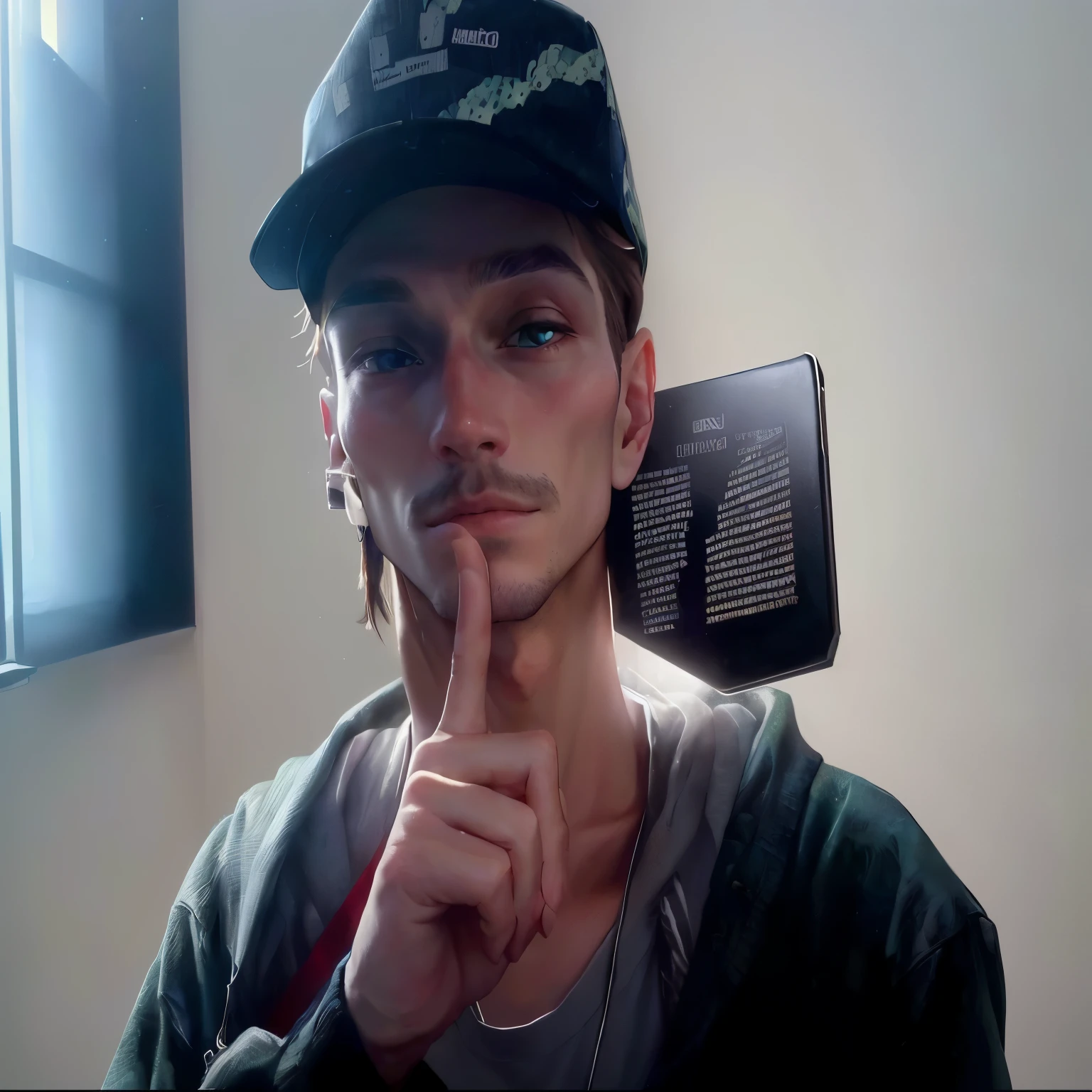 there is a man with a cap making a silence sign, profile photo 1024px, Straight Nose!, inspired by Van Gogh, filmed on webcam, hand on his cheek, indicator finger, Serpentina do Twitch / gamer ludwig, very low quality image, giving the dedo do meio, wide nose!!!, Matthew 9 5