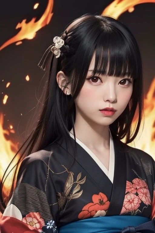 Yama_Love One Girl, alone, Let your hair down, Hair is black, bangs, Red eyes, Kimono Black, masterpiece, 最high quality, high quality, fire, hell, chain, darkness