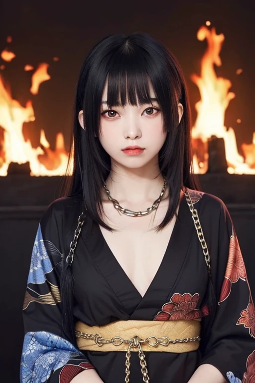 Yama_Love One Girl, alone, Let your hair down, Hair is black, bangs, Red eyes, Kimono Black, masterpiece, 最high quality, high quality, fire, hell, chain, darkness