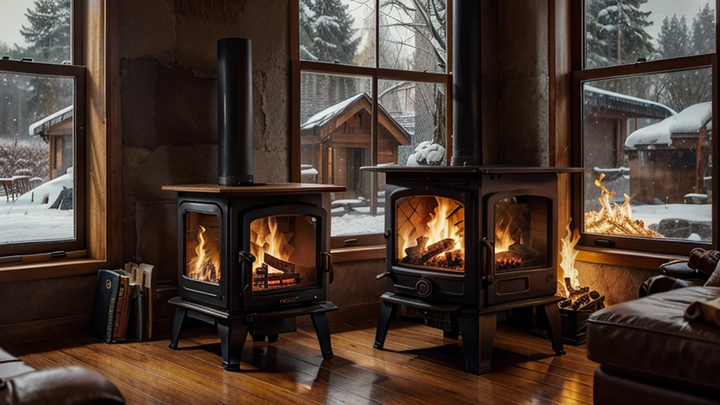 digital art, wood chairs, stove with fire, snowing window ouside