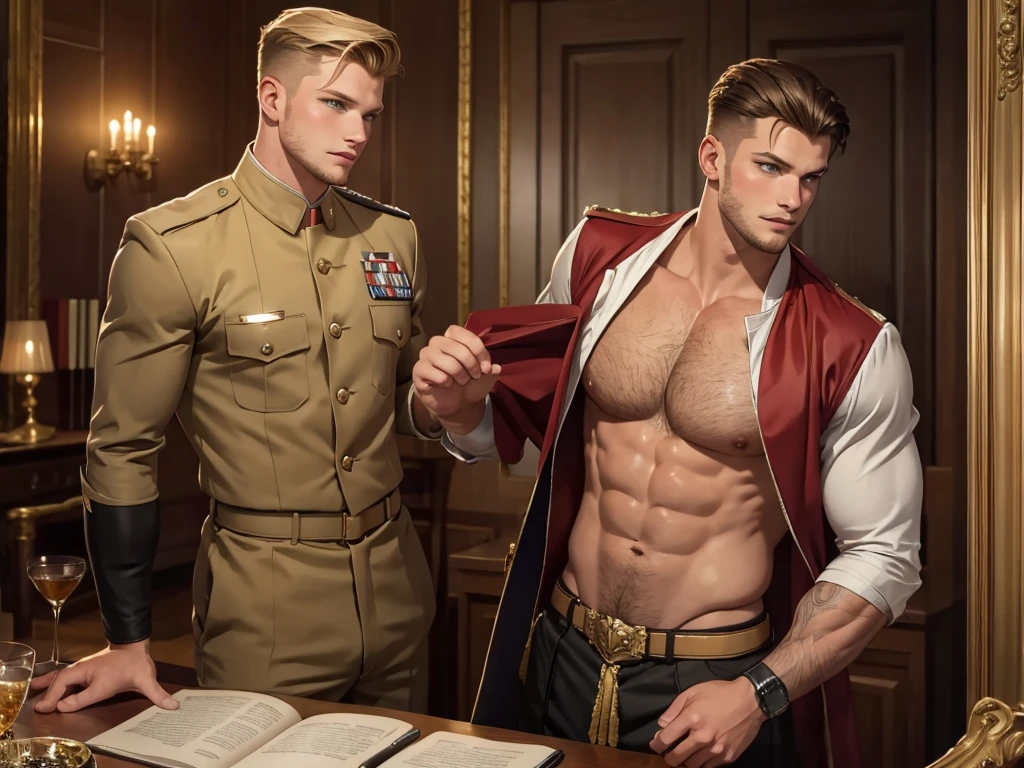 illustration in Leyendecker style: muscular, hairy chest and belly Alexander Ludwig, Big Dick - Lieutenant Roy Pierce in full dress uniform, "Midway"